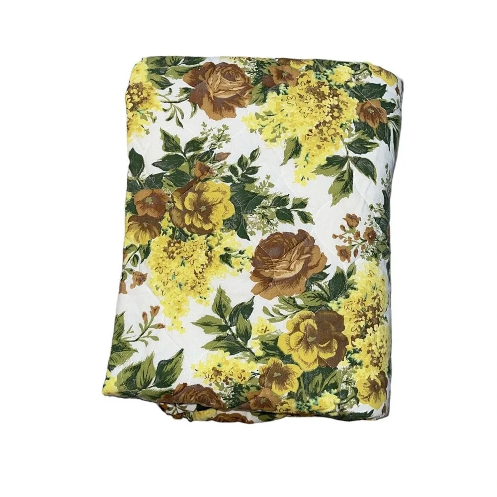 VTG Retro 70's Bedspread Full Double yellow brown flowers Quilted shams Ruffled
